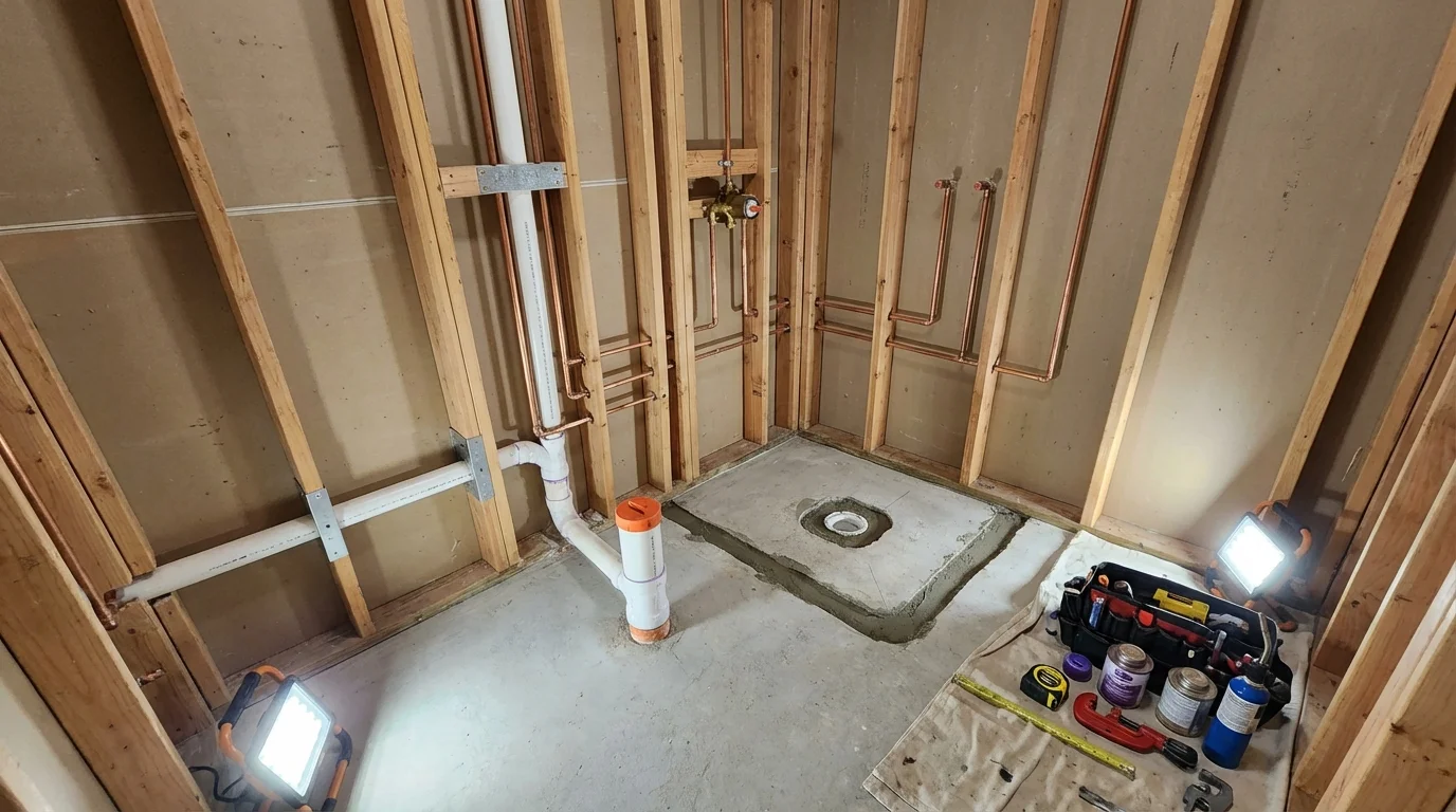 Bathroom rough-in plumbing during remodel by Johns Plumbing LLC in Morristown