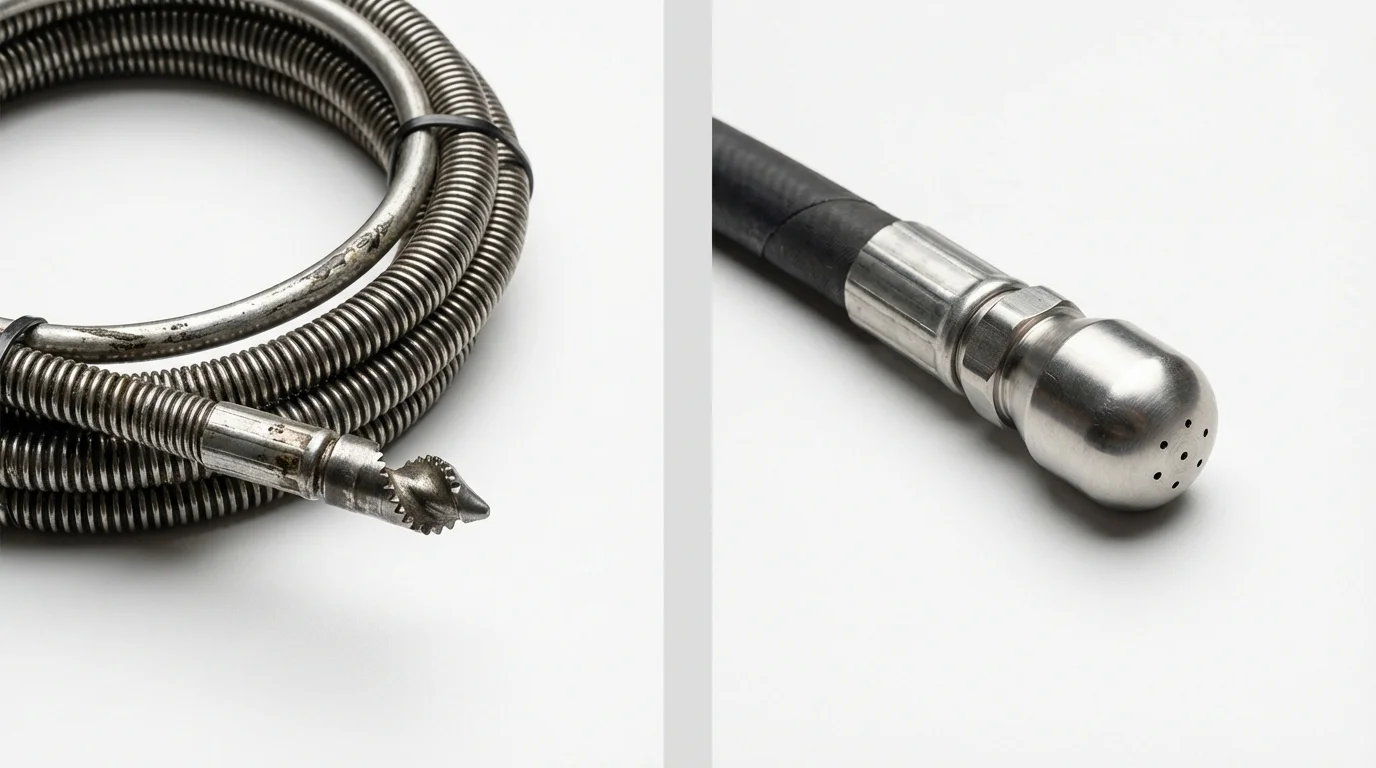 Drain snake cable and hydro jetting nozzle used for drain cleaning in Morristown, NJ
