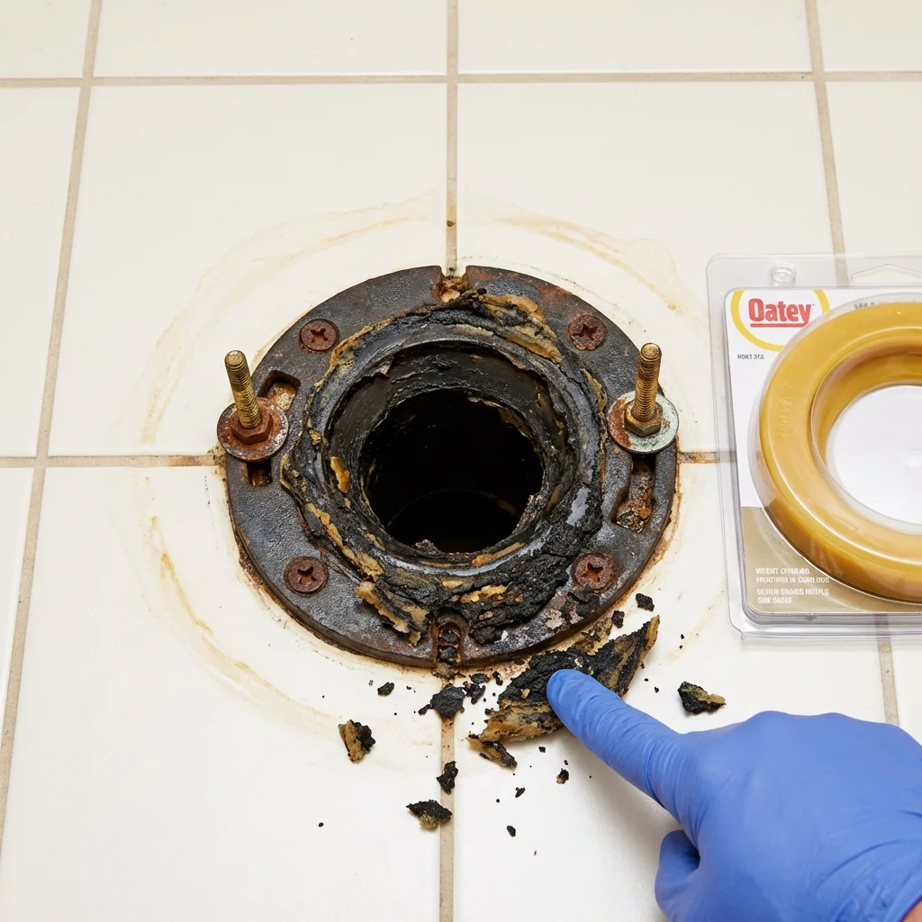 Failed wax ring showing water seepage at the base of a toilet in a Morristown, NJ home