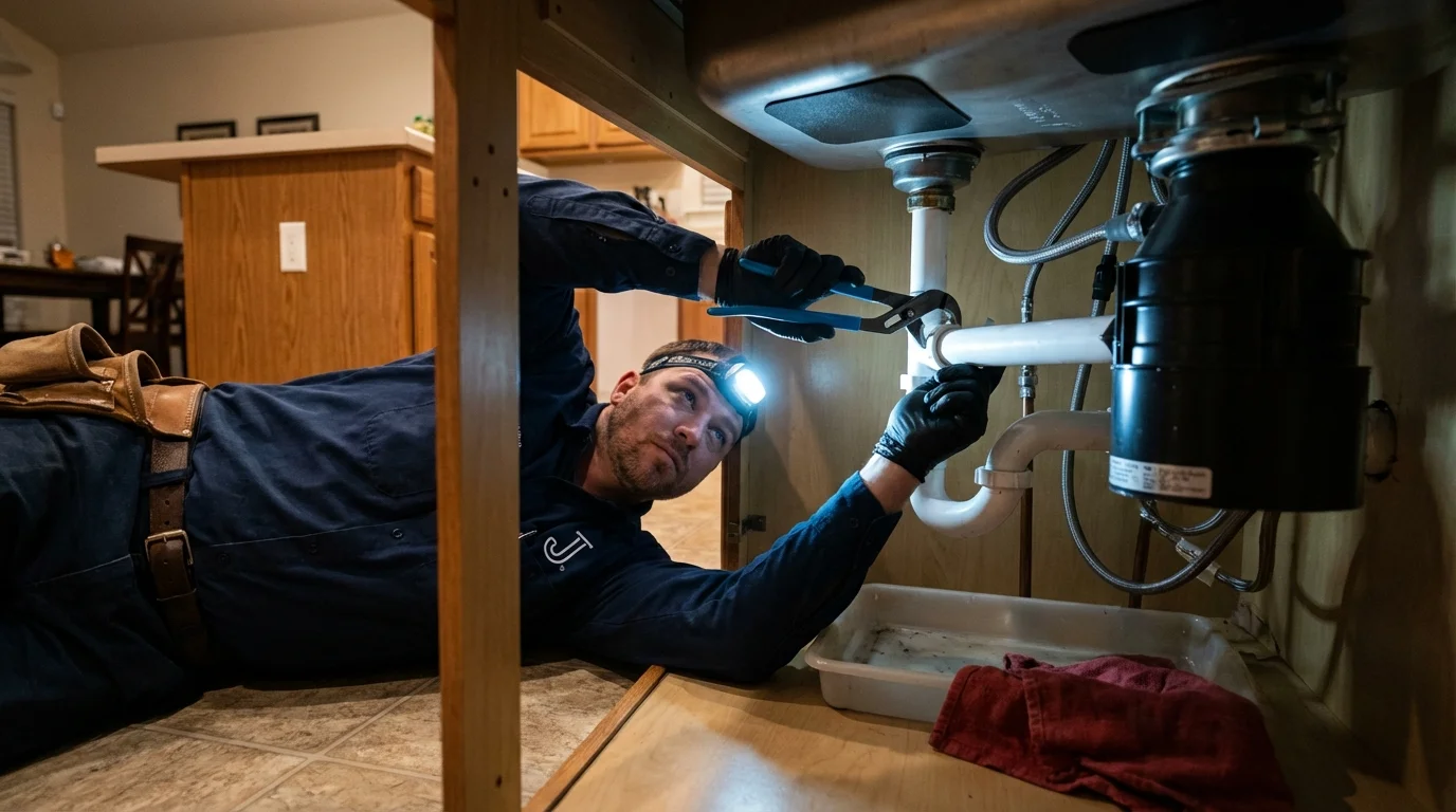 P-trap and supply line connections under a kitchen sink showing a common leak point in Morristown, NJ